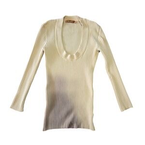 Ribbed Deep Scoop Neck Long Sleeve Knit Top Ivory Y2K Minimal Small